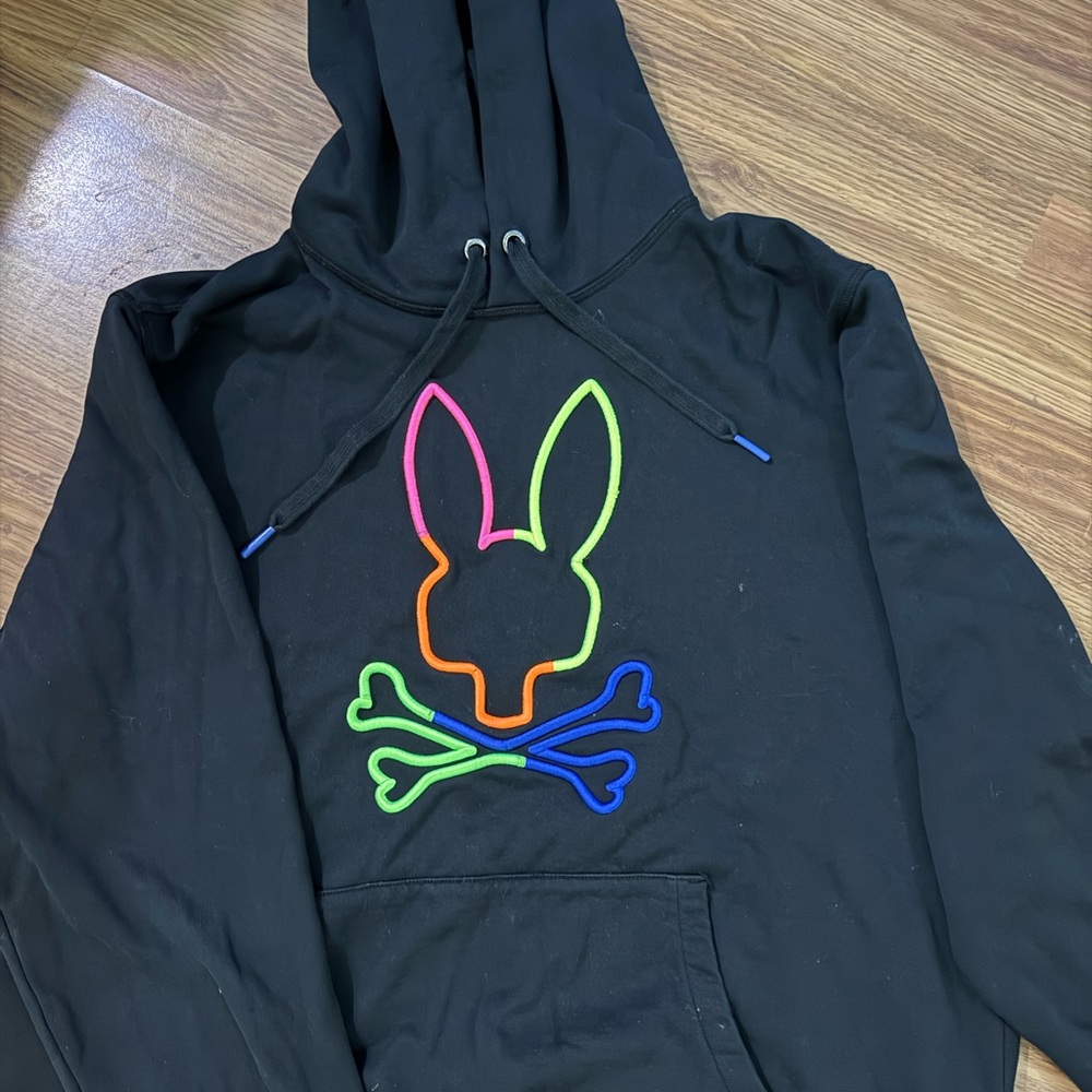 Psycho Bunny Black Hoodie with Neon Pink Orange Green Blue Logo